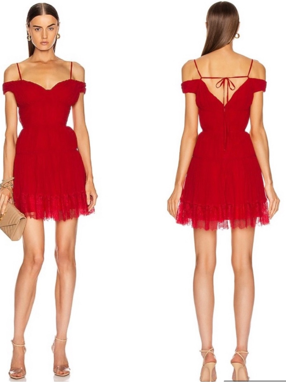 Self Portrait Off Shoulder Pleated Chiffon Mini Dress Dark Red